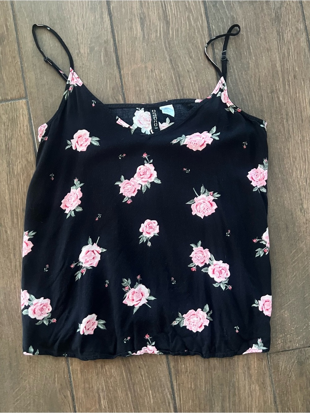 Black Floral Spaghetti Strap Cami Top - Pink Rose Print Divided size 4